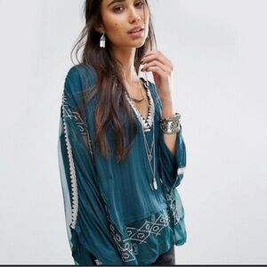 Free People Teal Embroidered Blouse
